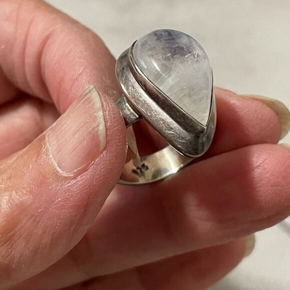 Genuine Pear Shape Moonstone Bezel Set Wide 925 Sterling Silver Band Ring 6.75 - Picture 7 of 10